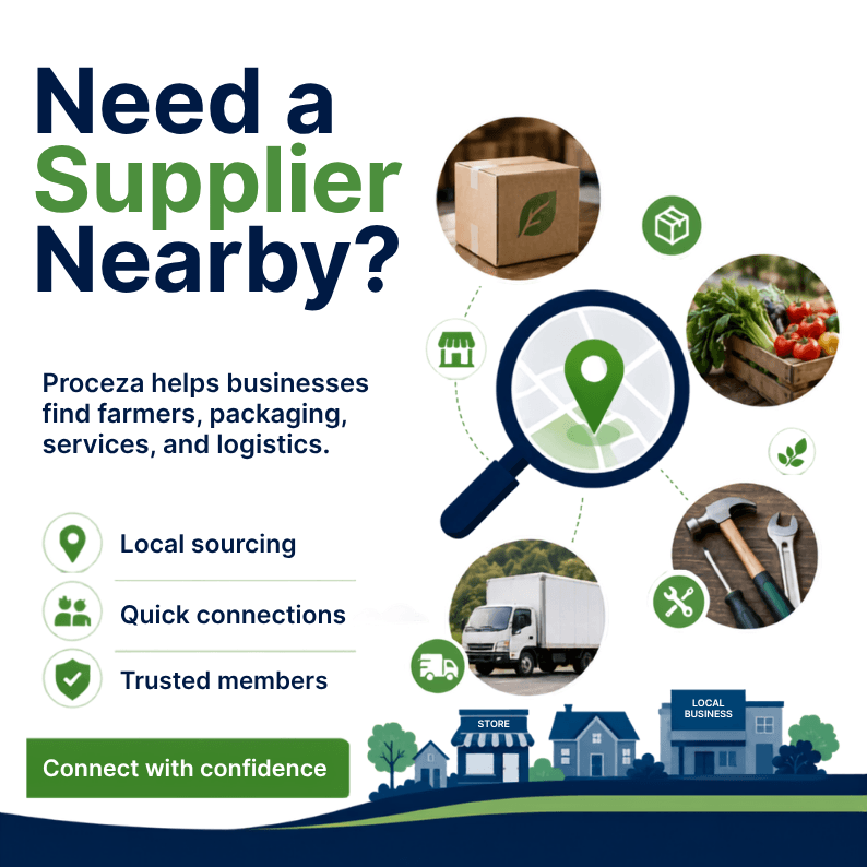 Need a supplier nearby? Proceza helps businesses find farmers, packaging, services, and logistics