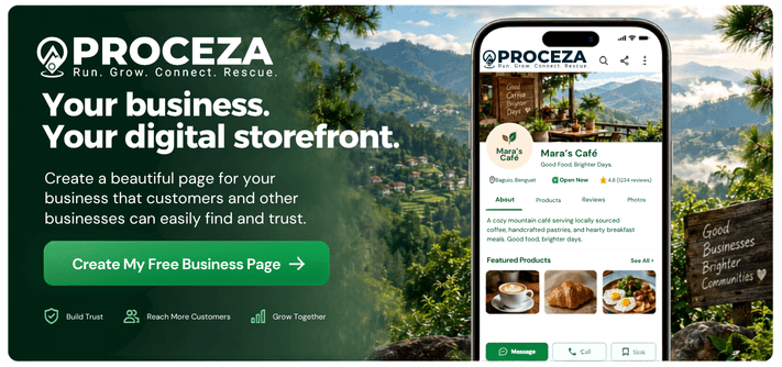 Your business. Your digital storefront. — a Proceza business page for Mara's Café shown on a phone