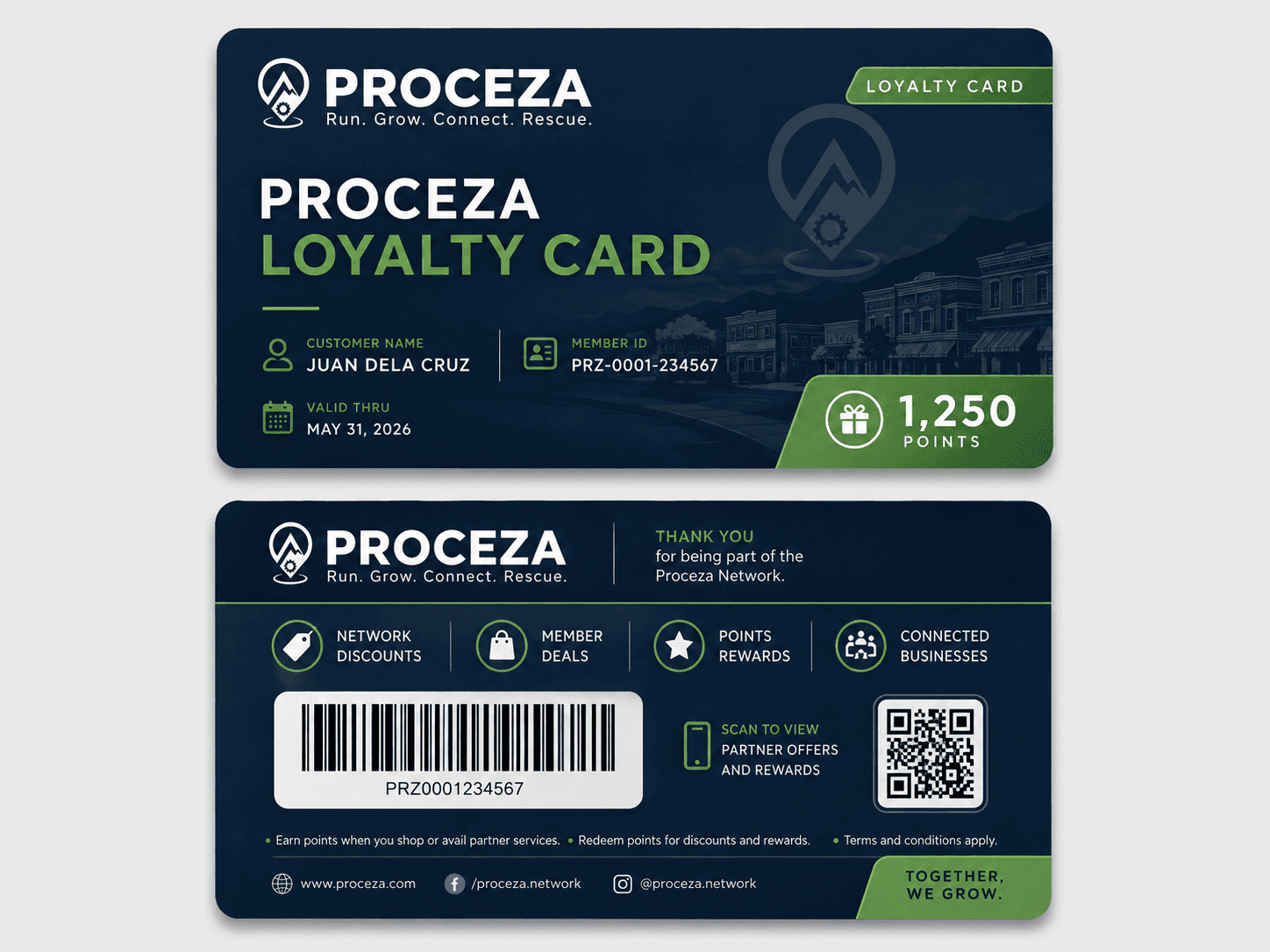 The Proceza Loyalty Card, front and back, showing Network Points balance and member QR code