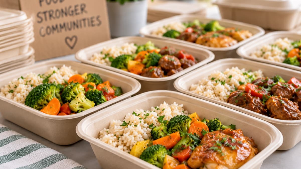Prepared food being packed for donation