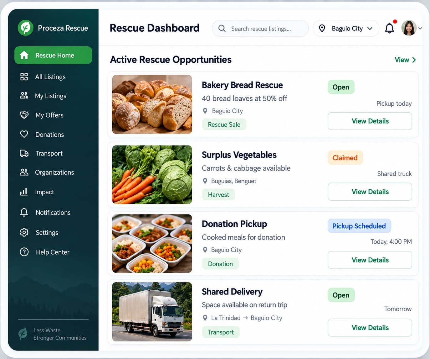 Preview of the Proceza Rescue dashboard with live surplus listings